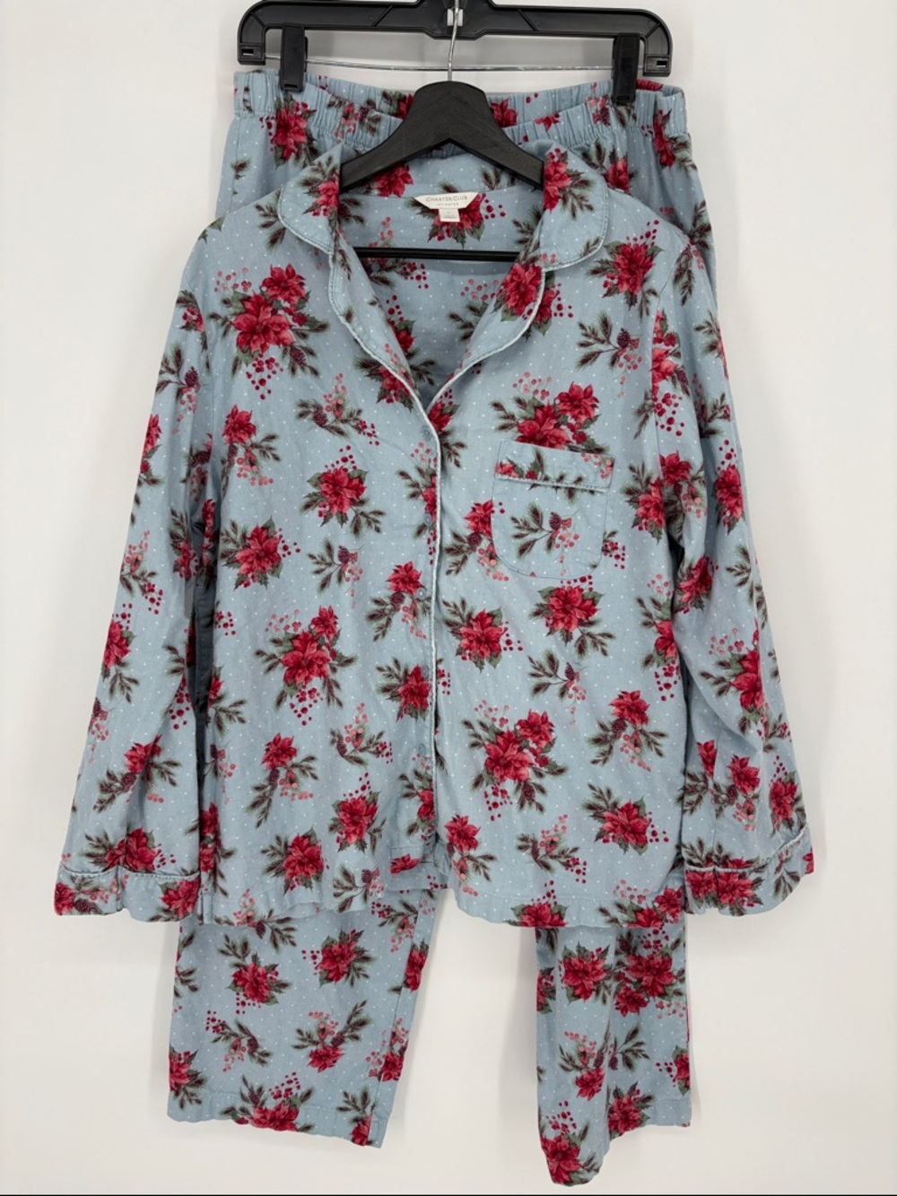 💥 Charter Club flannel Light Blue Floral Pajama Set with red poinsettia Print